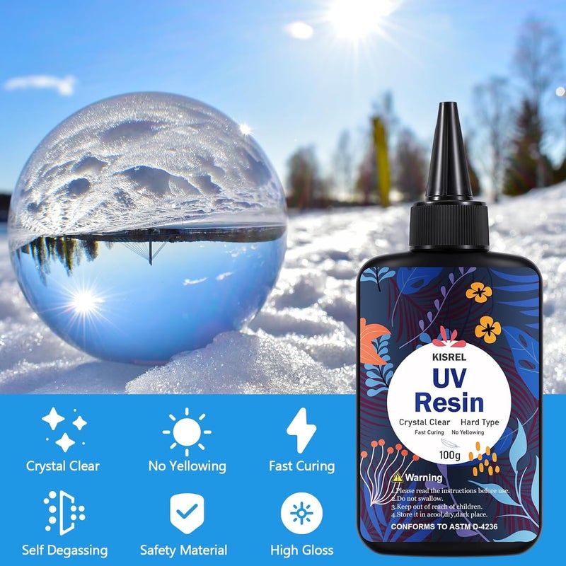 KISREL UV Resin 100g - Upgraded UV Resin Kit, Hard Type Crystal Clear Ultraviolet Curing UV Epoxy Resin for Craft Jewelry Making - Image 2